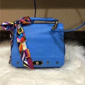 MCM Blue Leather Top-Handle Shoulder Bag with Multicolor Scarf